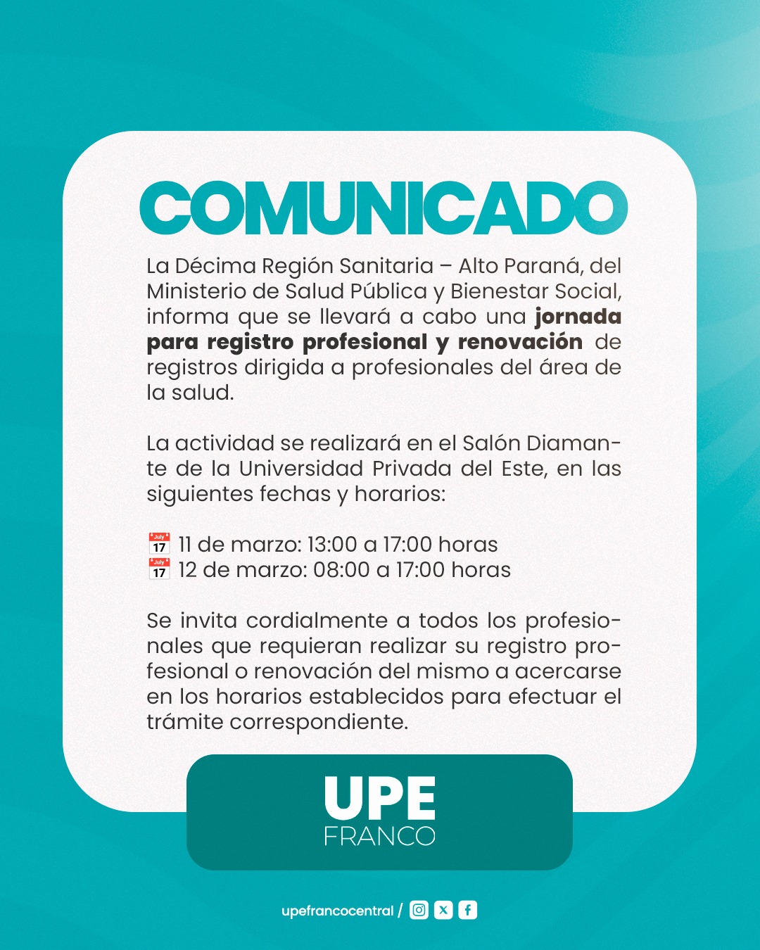 UPE FRANCO será sede de jornada de registro profesional para trabajadores de la salud