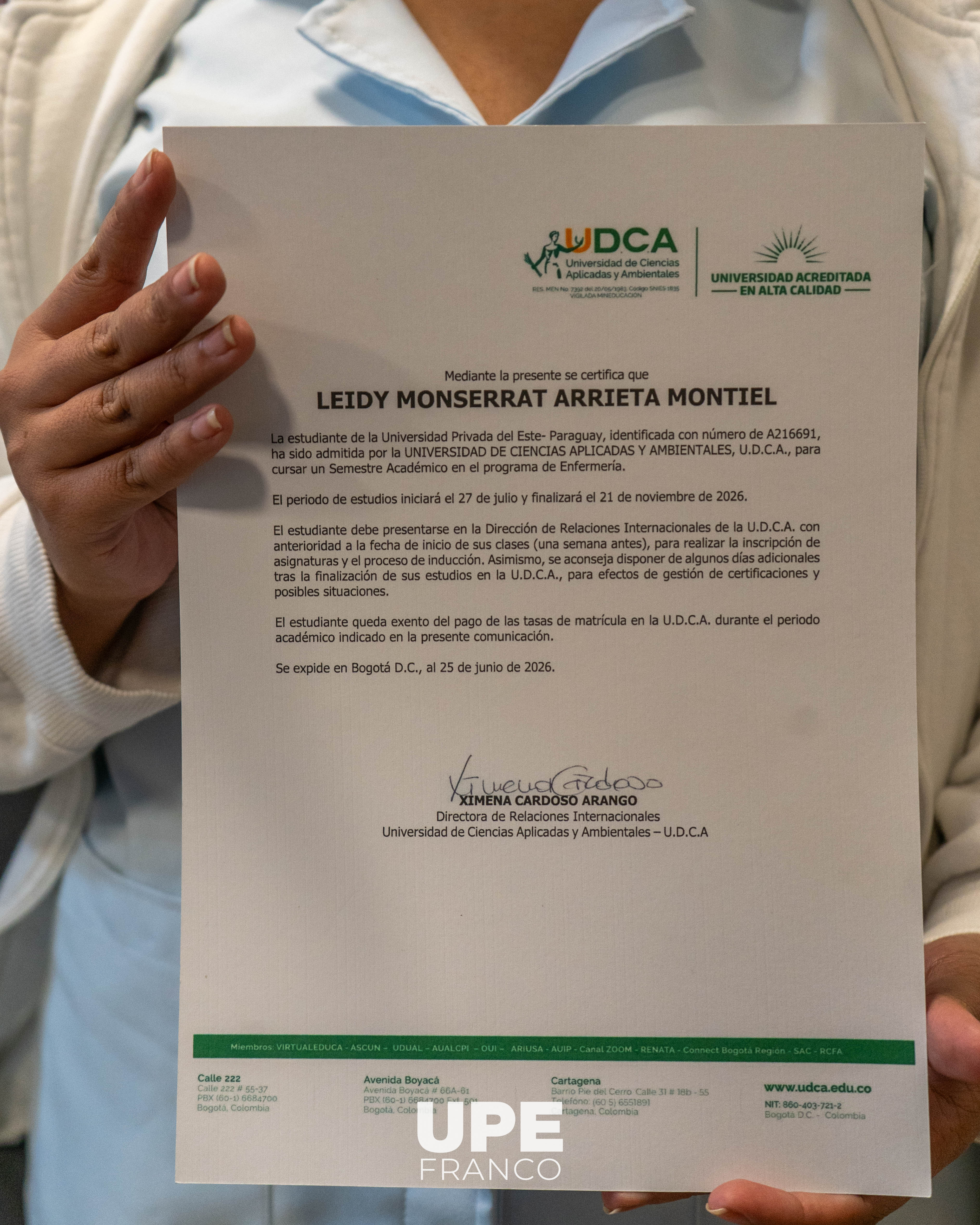 Estudiante de Enfermería realizará intercambio académico en Colombia