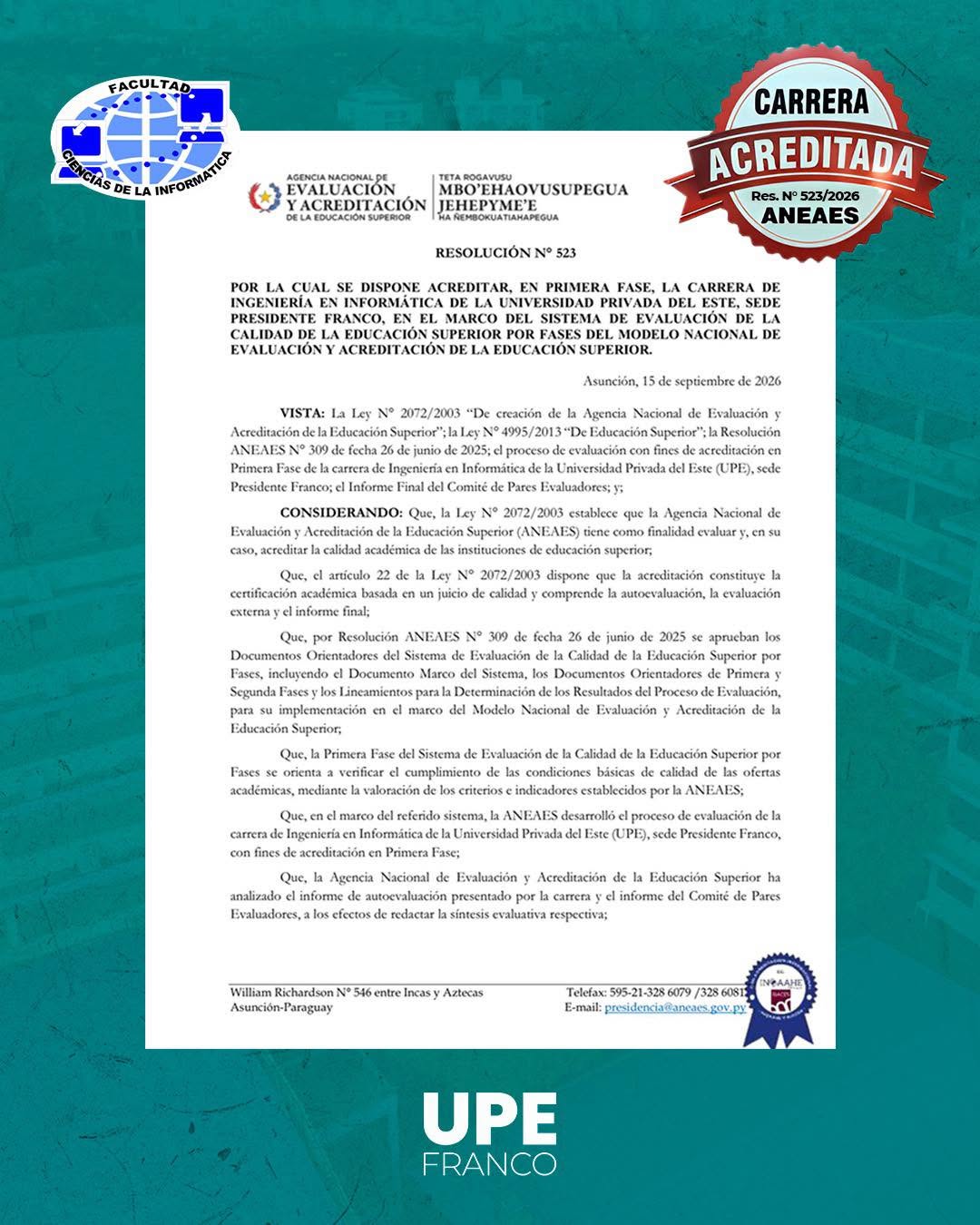 ¡INGENIERÍA EN INFORMÁTICA UPE FRANCO, ACREDITADA!
