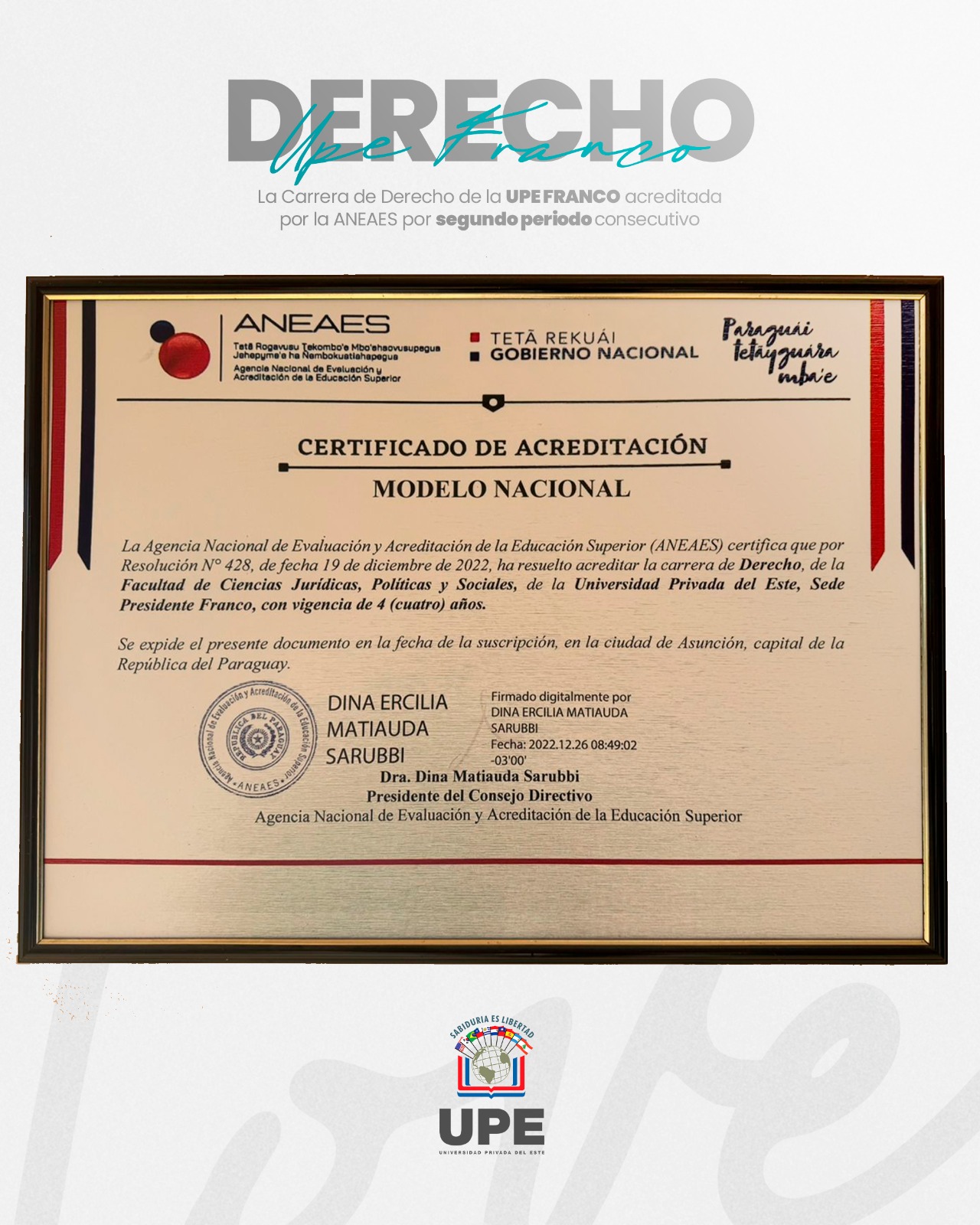 La Carrera de Derecho de la UPE FRANCO acreditada por la ANEAES por segundo periodo consecutivo