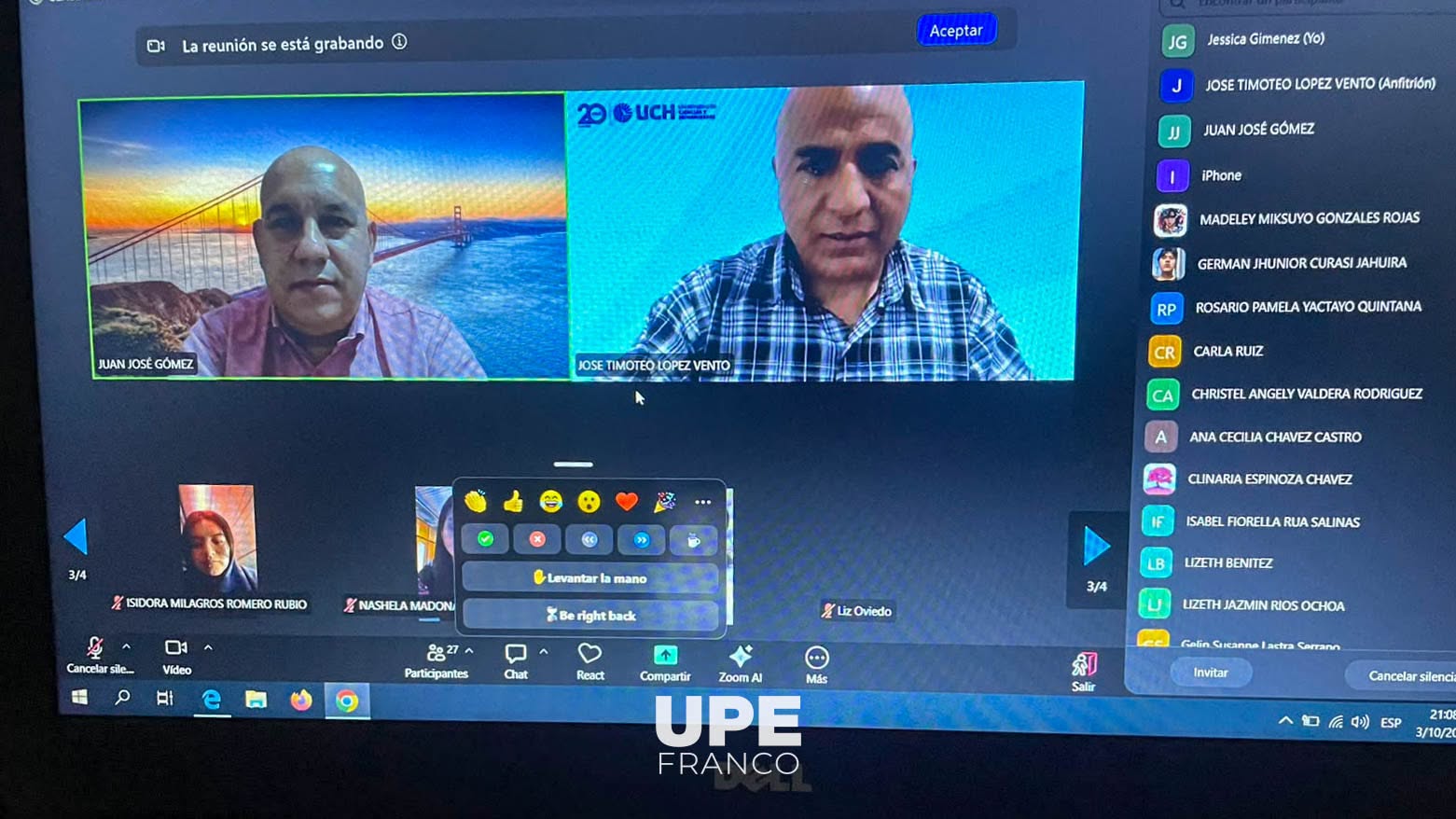 CLASE ESPEJO INTERNACIONAL ENTRE UPE Y UNIVERSIDAD DE CIENCIAS Y HUMANIDADES DEL PERÚ